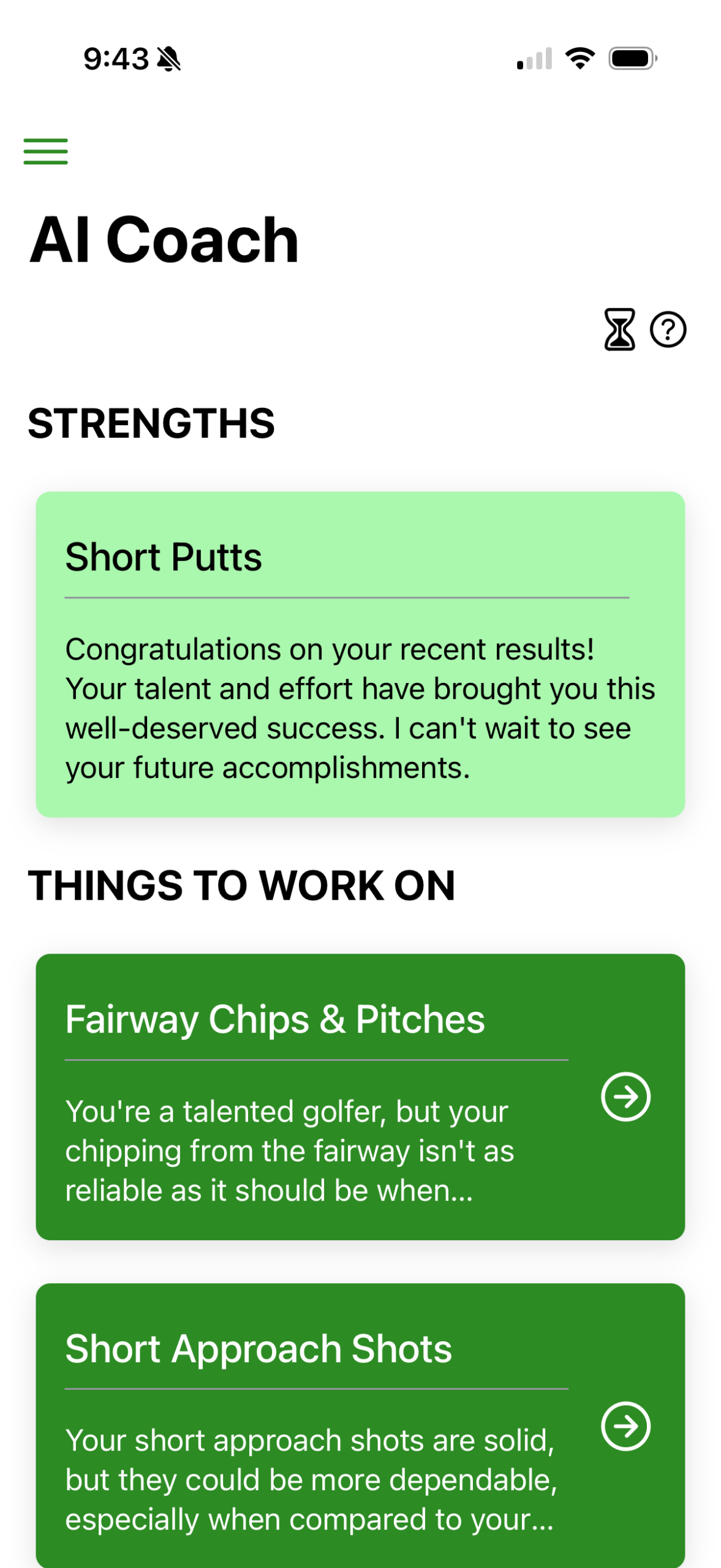 Accel Golf trends & progress screen